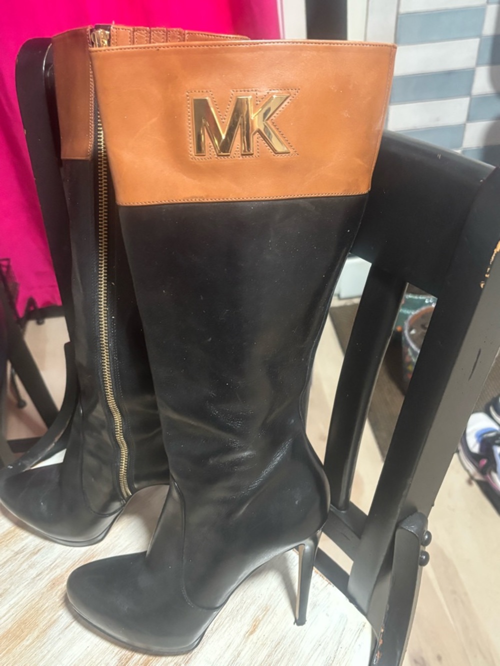 Michael Kors Two-Tone Black and Brown Leather Knee-High Boots - Picture 2 of 2